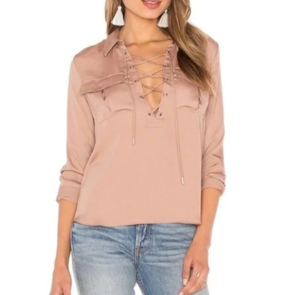 L'Academie Revolve Safari Blouse Camel Lace Up Tie Front Satin long sleeve XS